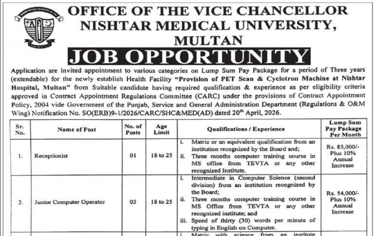 Nishtar Medical University NMU Jobs 2026 Apply Online